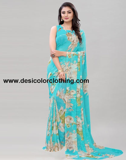Aqua Blue Printed Saree