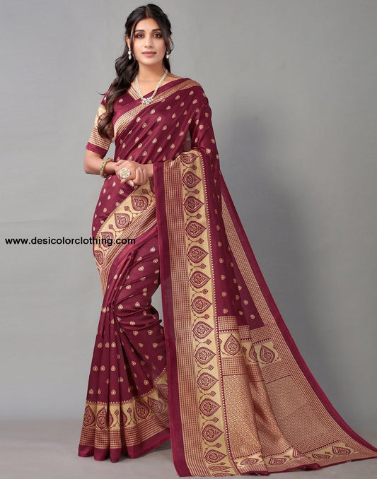 Beige And Maroon Banarasi Silk Saree