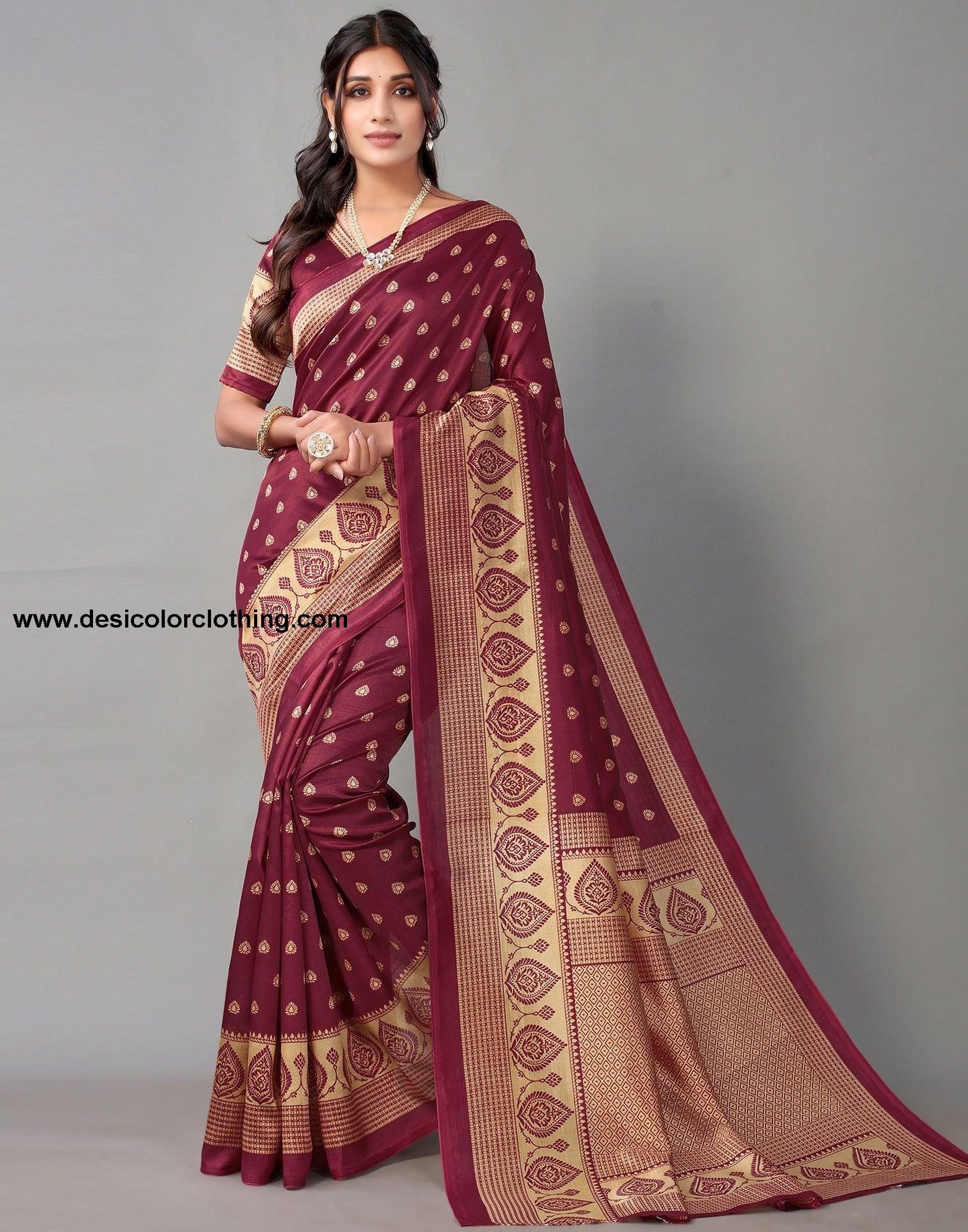 Beige And Maroon Banarasi Silk Saree