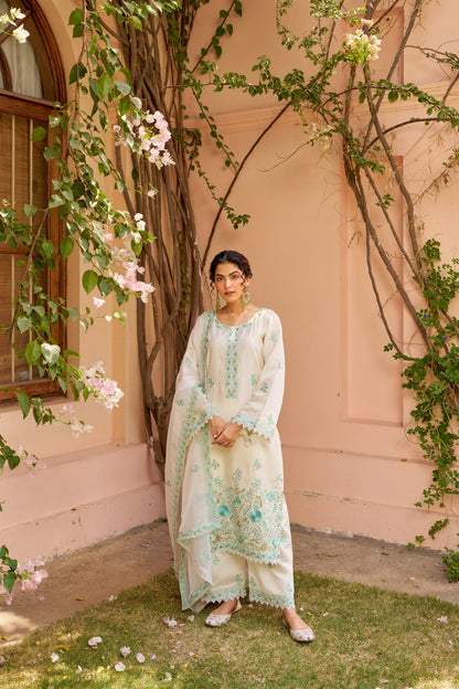 Product Image - AKSHARA: Ivory White Chanderi Embroidered Suit Set