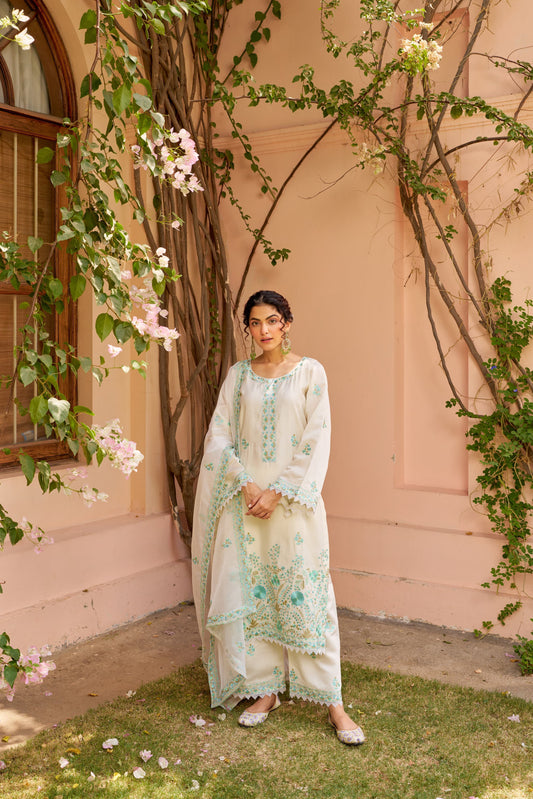 Product Image - AKSHARA: Ivory White Chanderi Embroidered Suit Set