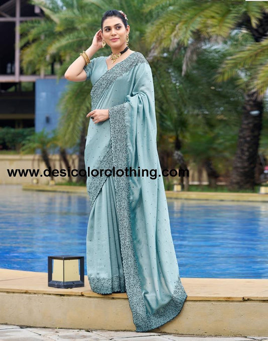 Pastel Blue Plain Silk Saree
