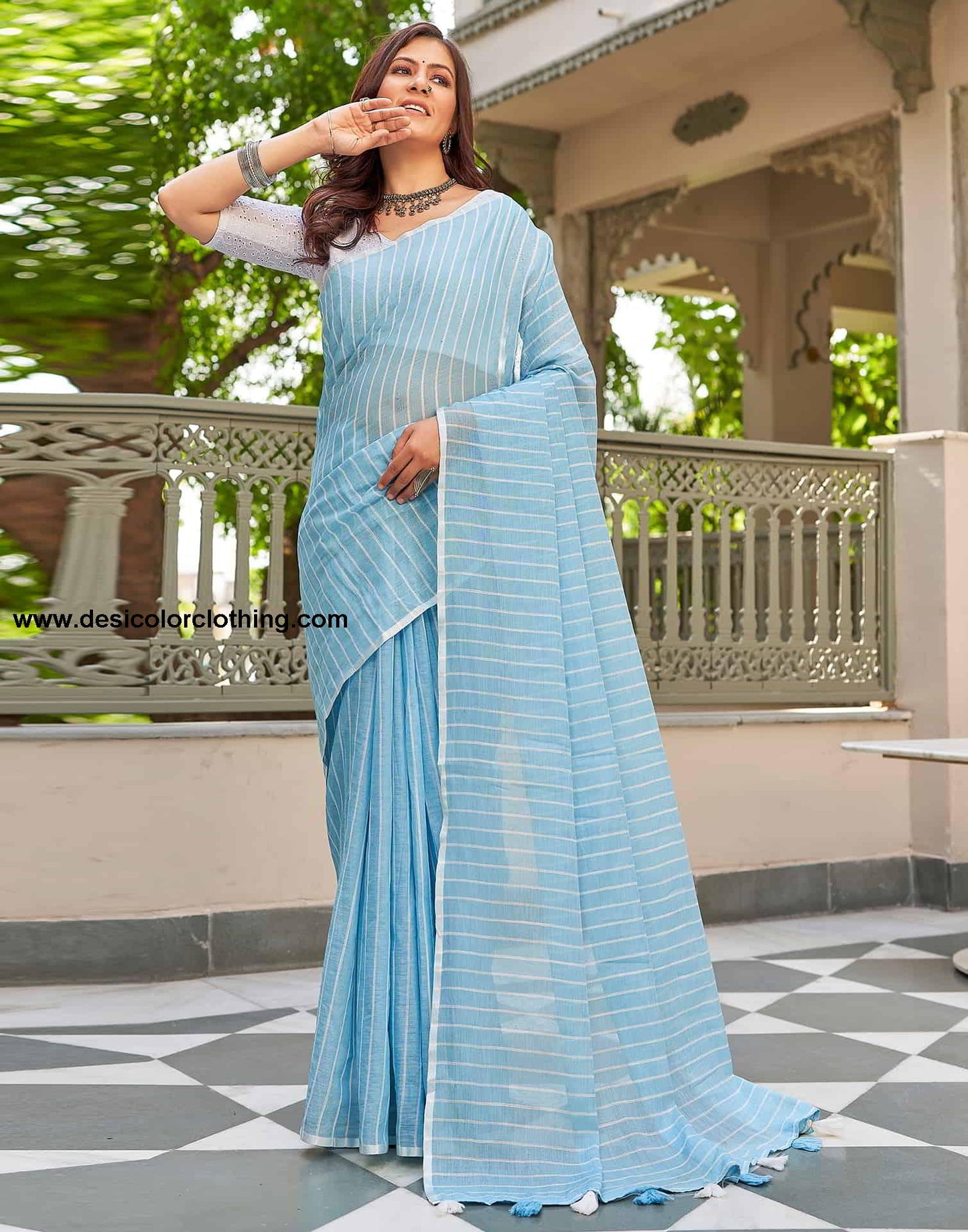 Blue Leheriya Linen Woven Saree