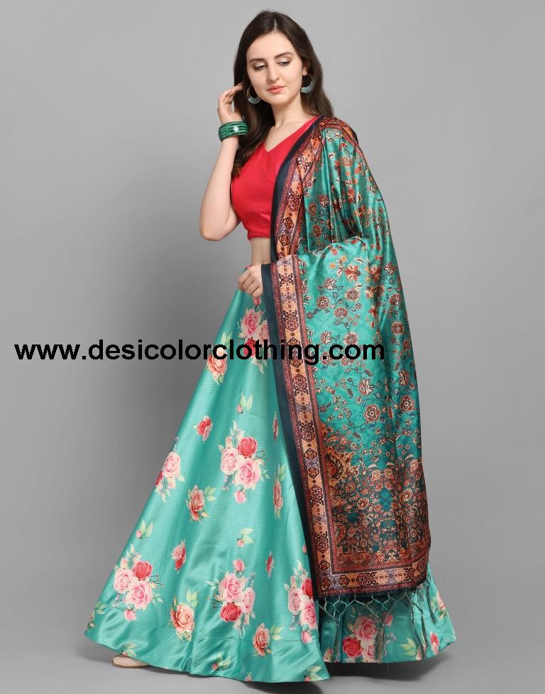 Refreshing Teal Coloured Poly Silk Digital Printed Casual Wear Lehenga | SLV102L10172
