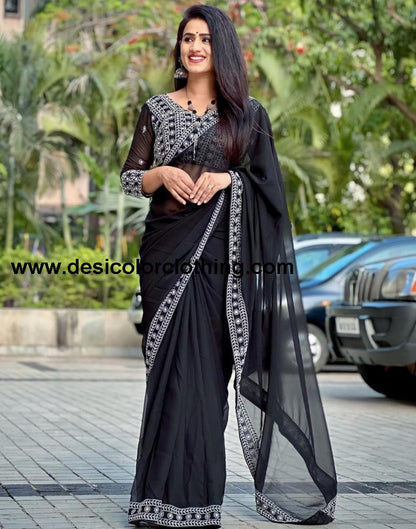 Black Georgette Plain Saree