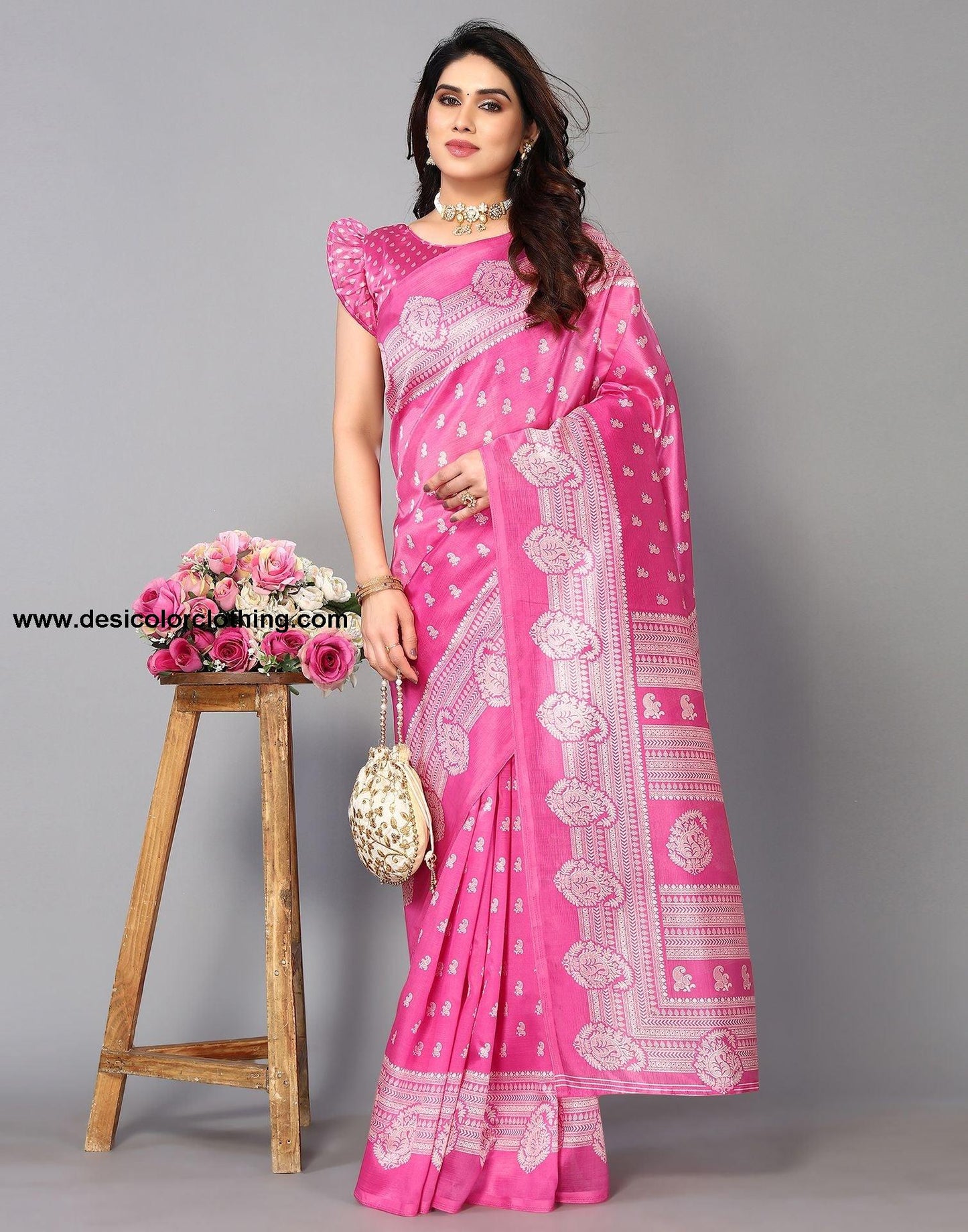 Pink Silk Printed Saree