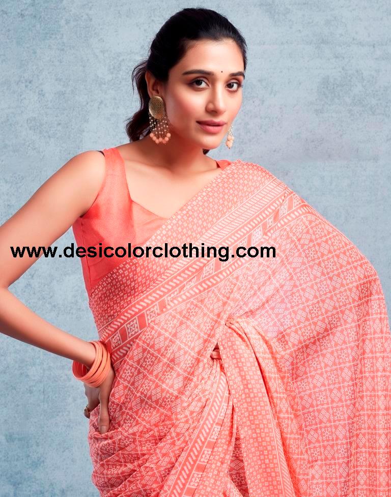 Peach Chiffon Printed  Saree