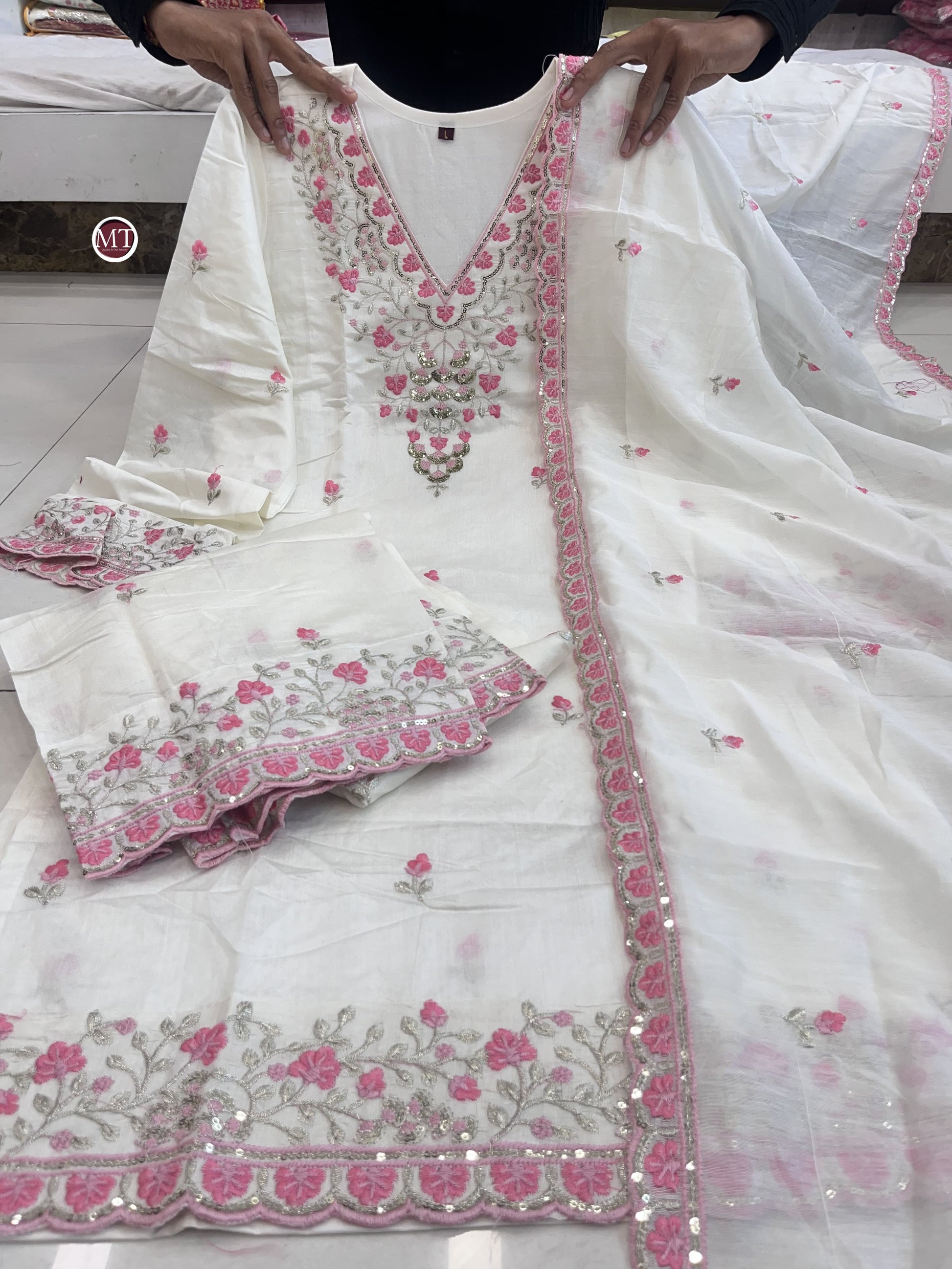 Product Image - Exquisite White Bul Bul Wedding Suit Set - Pure Chanderi with Heavy Embroidery