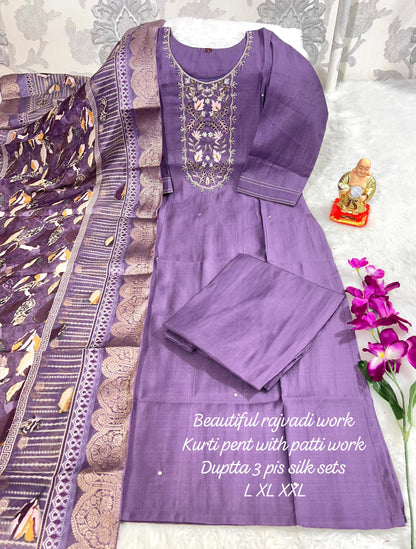 Product Image - Designer Handwork Kurti with Pant & Dupatta Set in Premium Roman Silk – Festive & Wedding Ready