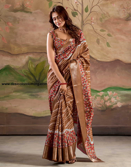 Brown Silk Printed Saree