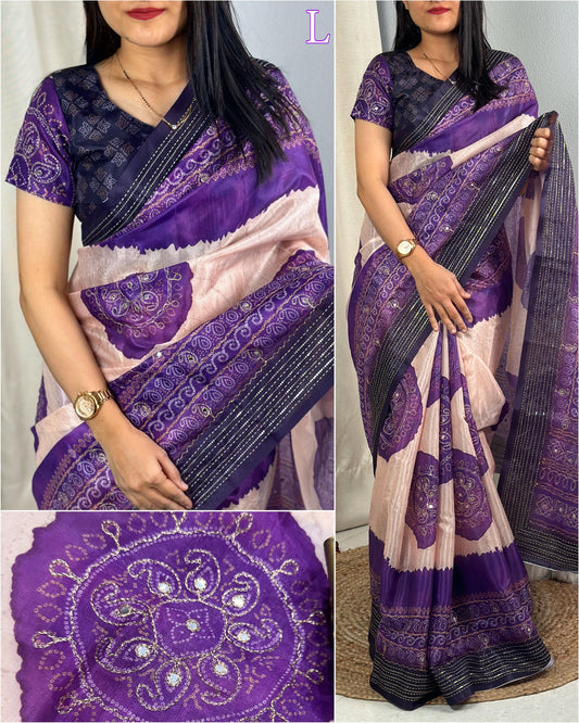 Product Image - Designer Rangeen Silk Saree with Hand Katha and Gotta Patti Work for Festive and Wedding Wear