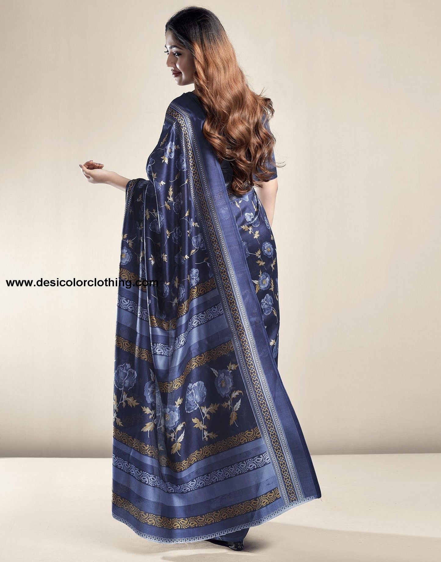 Royal Blue Floral Silk Saree
