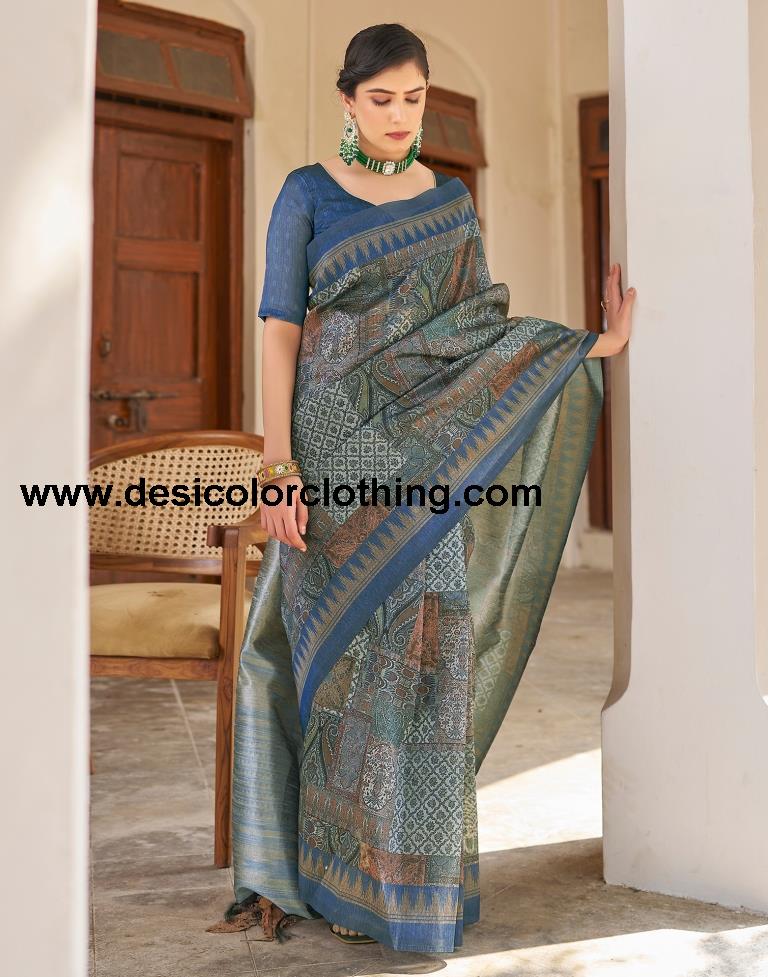 Blue Silk Printed Ready To Wear