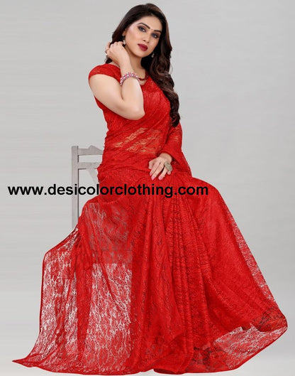 Red Coloured Russel Net Partywear saree