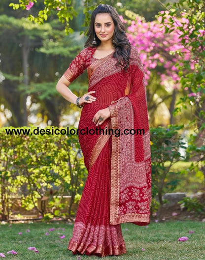 Dark Red Georgette Printed Saree