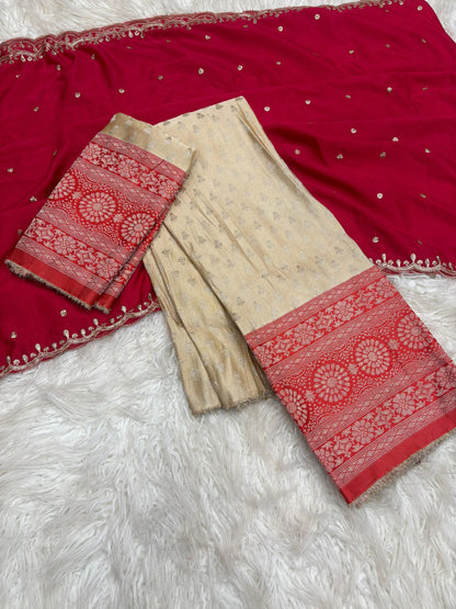 Product Image - Exquisite Pongal Special Designer Saree with Banarasi Border and Chiffon Dupatta - Festive Wear