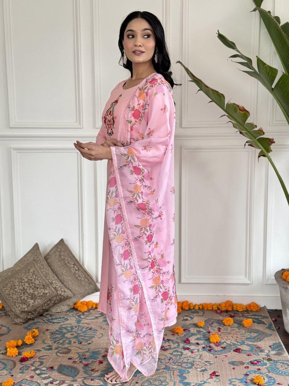 Product Image - Elegant Embroidered Kurti Set with Silk Dupatta