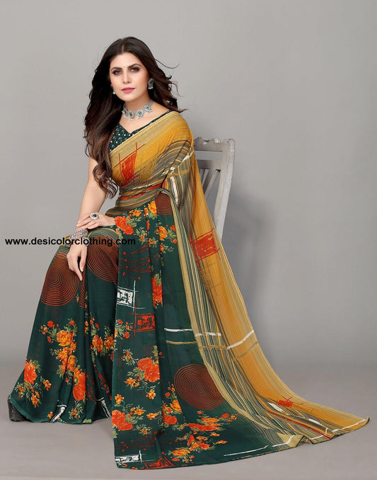 Dark Green And Beige Printed Saree