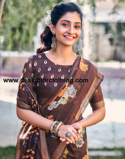 Dark Brown Cotton Printed Saree