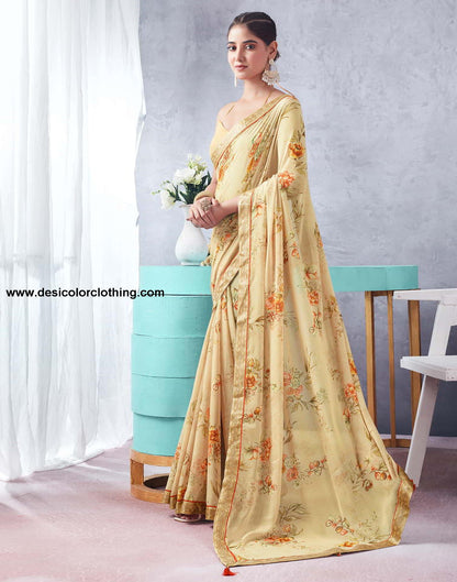 Beige Printed Chiffon Saree