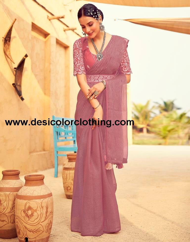 Dusty Pink Chiffon Plain Saree