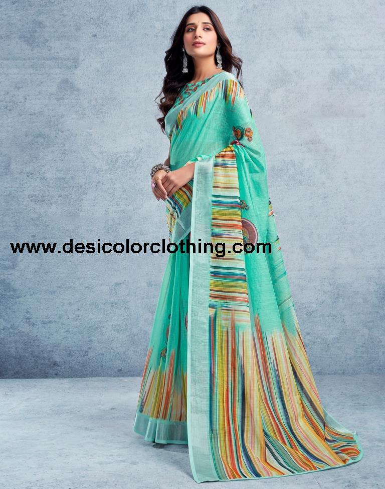 Pasta Green Linen Printed  Saree