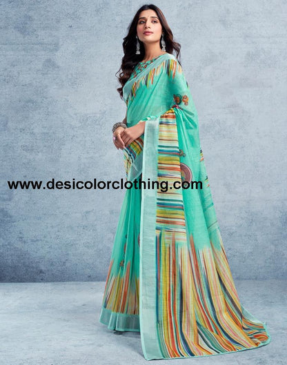 Pasta Green Linen Printed  Saree