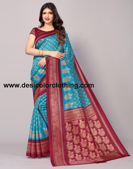 Blue Printed Silk Saree