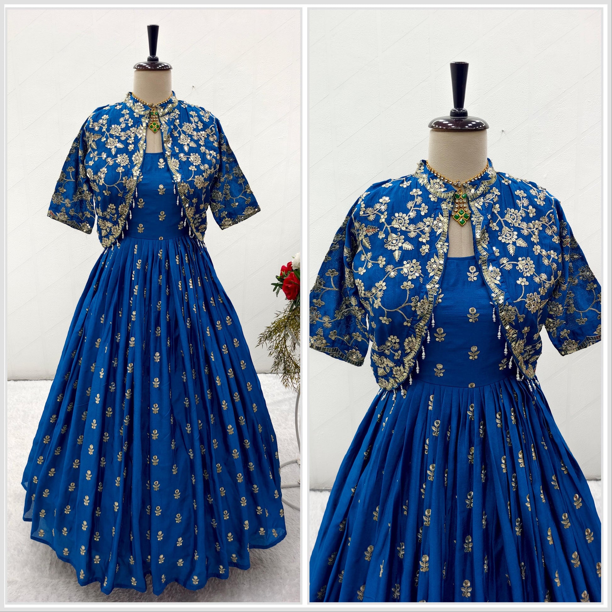 Product Image - Exquisite Cinon Silk Gown-Jacket Set for Festive and Wedding Wear