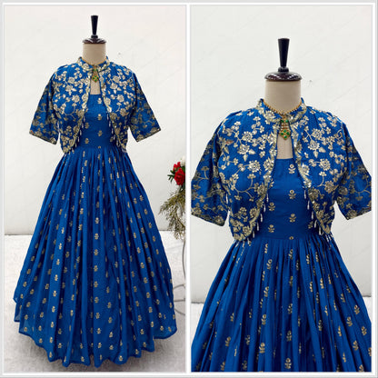 Product Image - Exquisite Cinon Silk Gown-Jacket Set for Festive and Wedding Wear