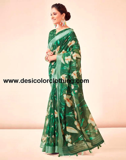 Dark Green Linen Printed Sarees