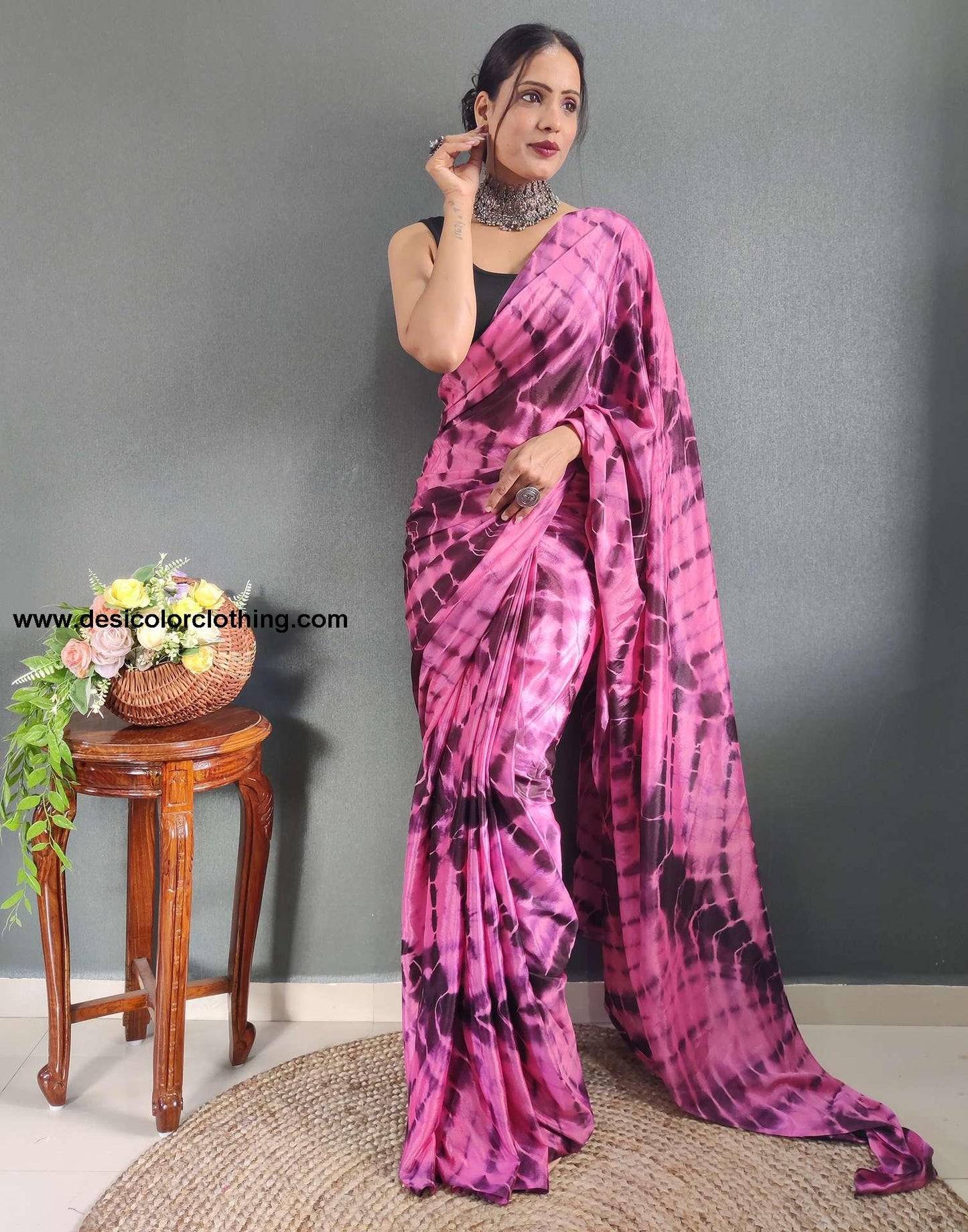 Pink Printed Silk Pre-draped Saree