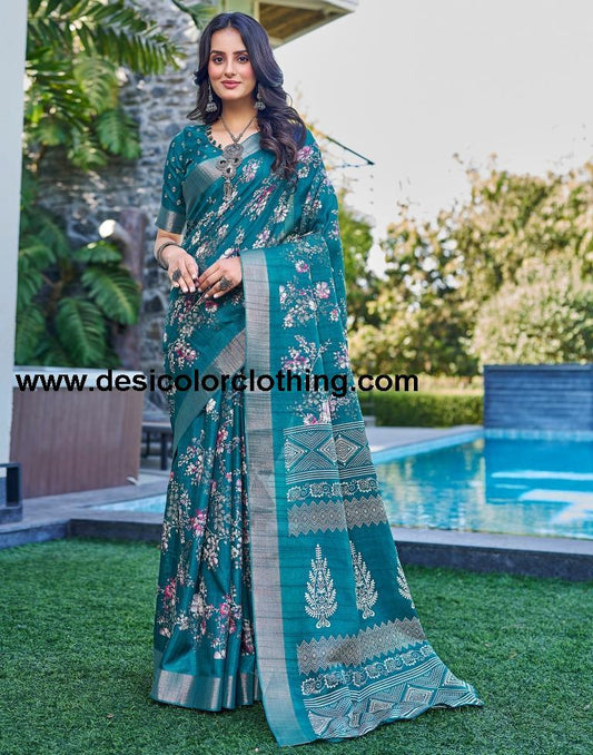 Teal Blue Silk Printed Saree