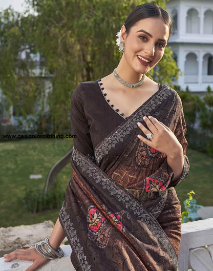 Brown Printed Net Stone Work Saree