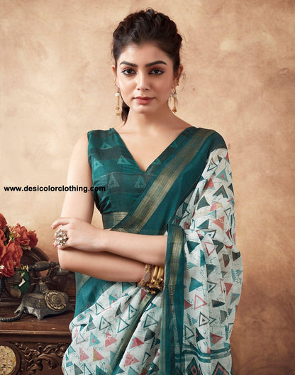 White Printed Cotton Saree