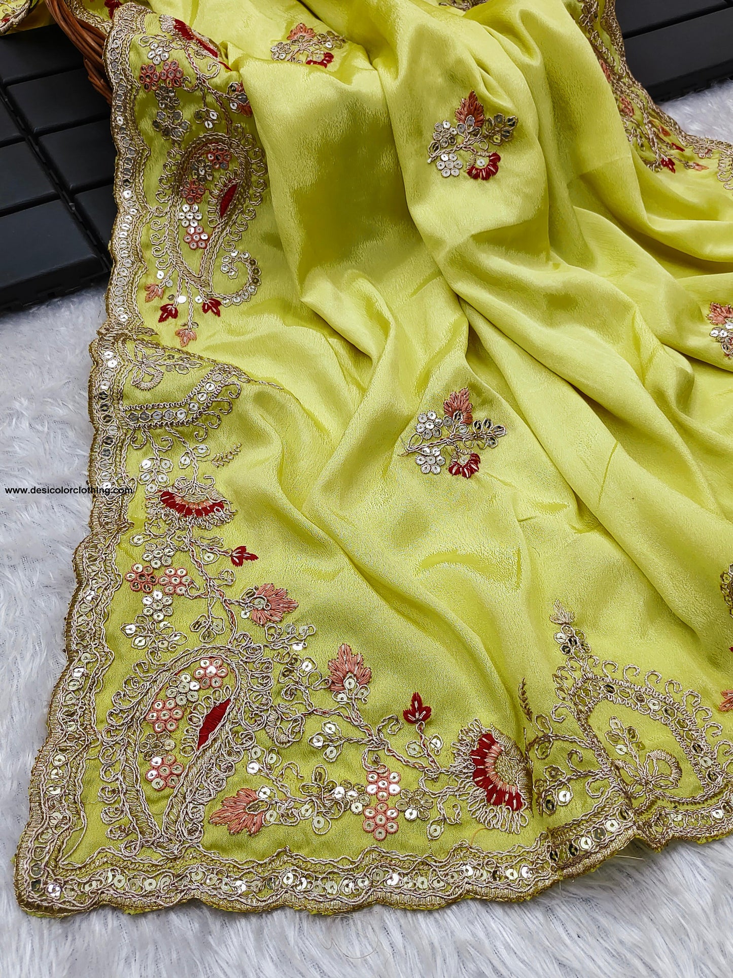 Premium Diamond Chinon Silk Saree with Heavy Embroidery