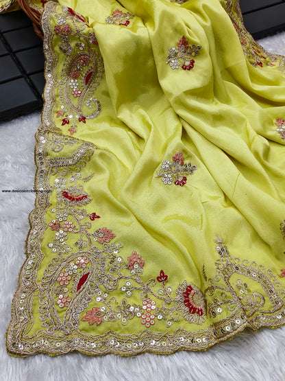 Premium Diamond Chinon Silk Saree with Heavy Embroidery
