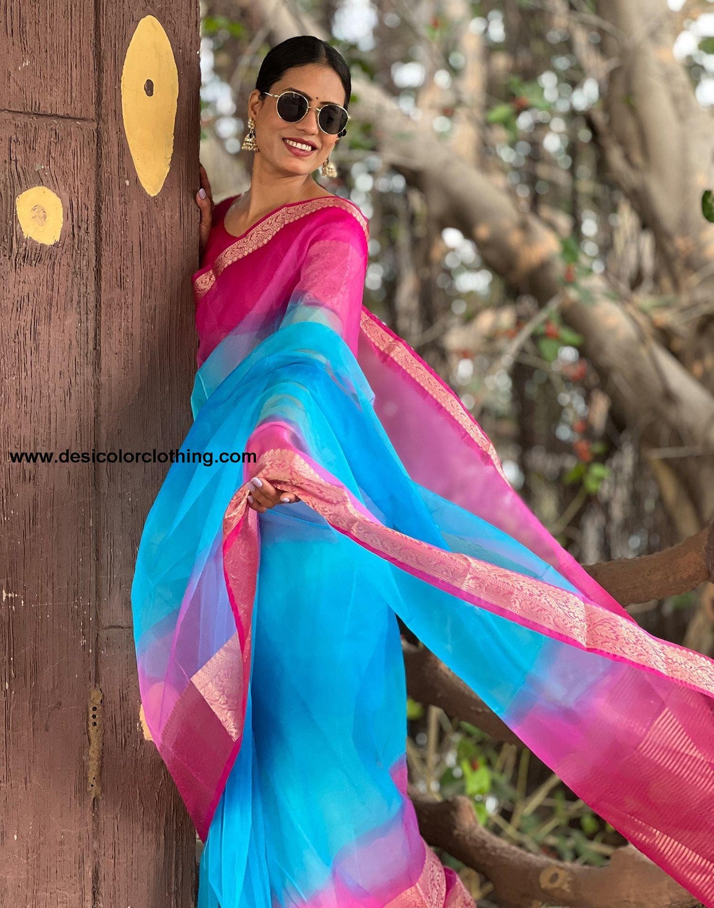 Rani Pink Plain Organza Saree