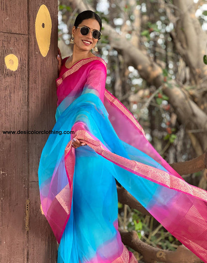 Rani Pink Plain Organza Saree
