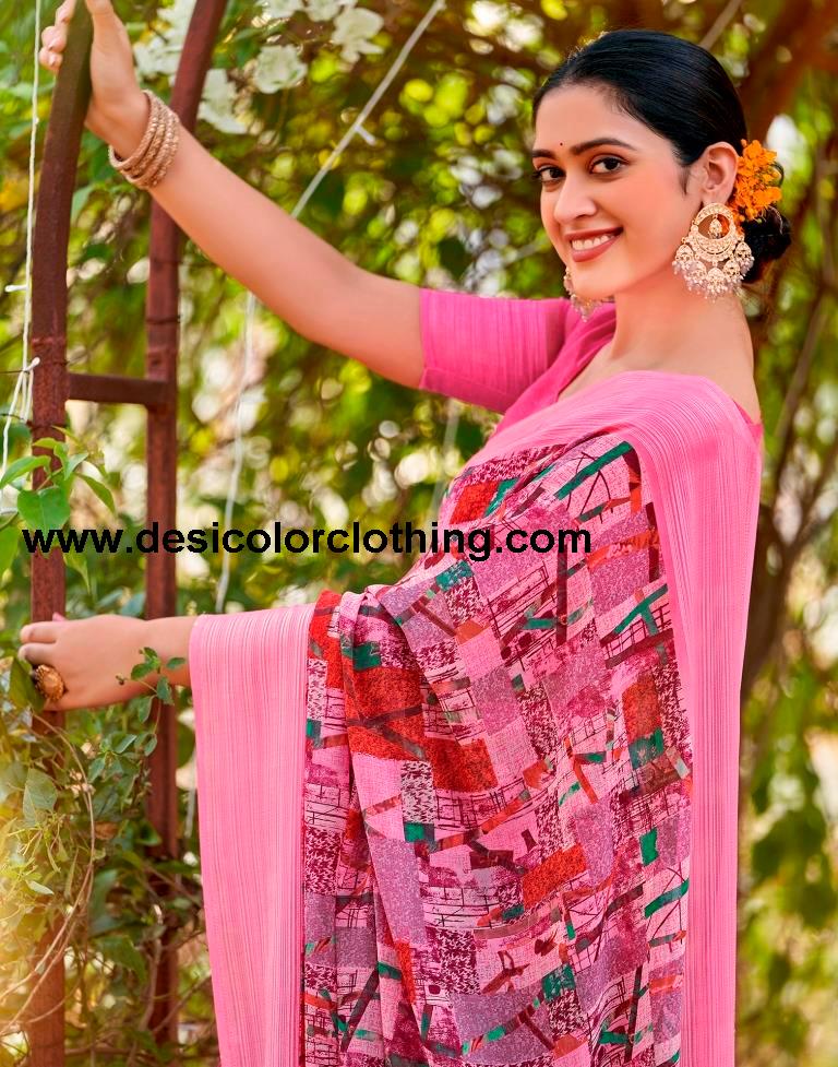 Pink Georgette Woven Saree