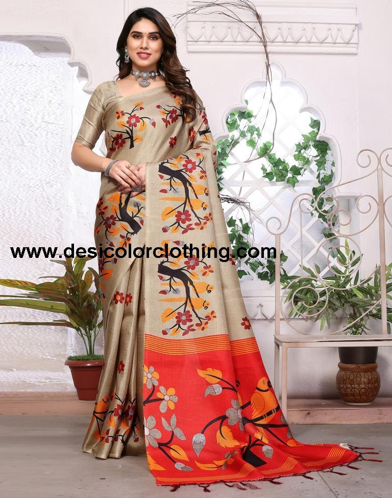 Beige Printed Silk Saree