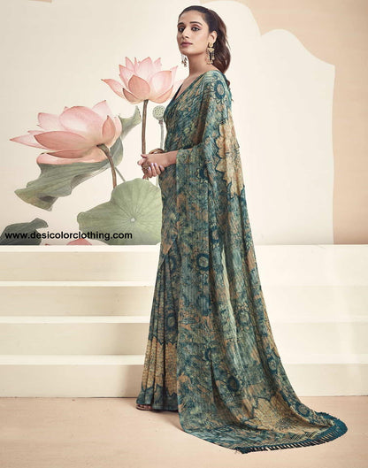 Teal Georgette Printed Saree