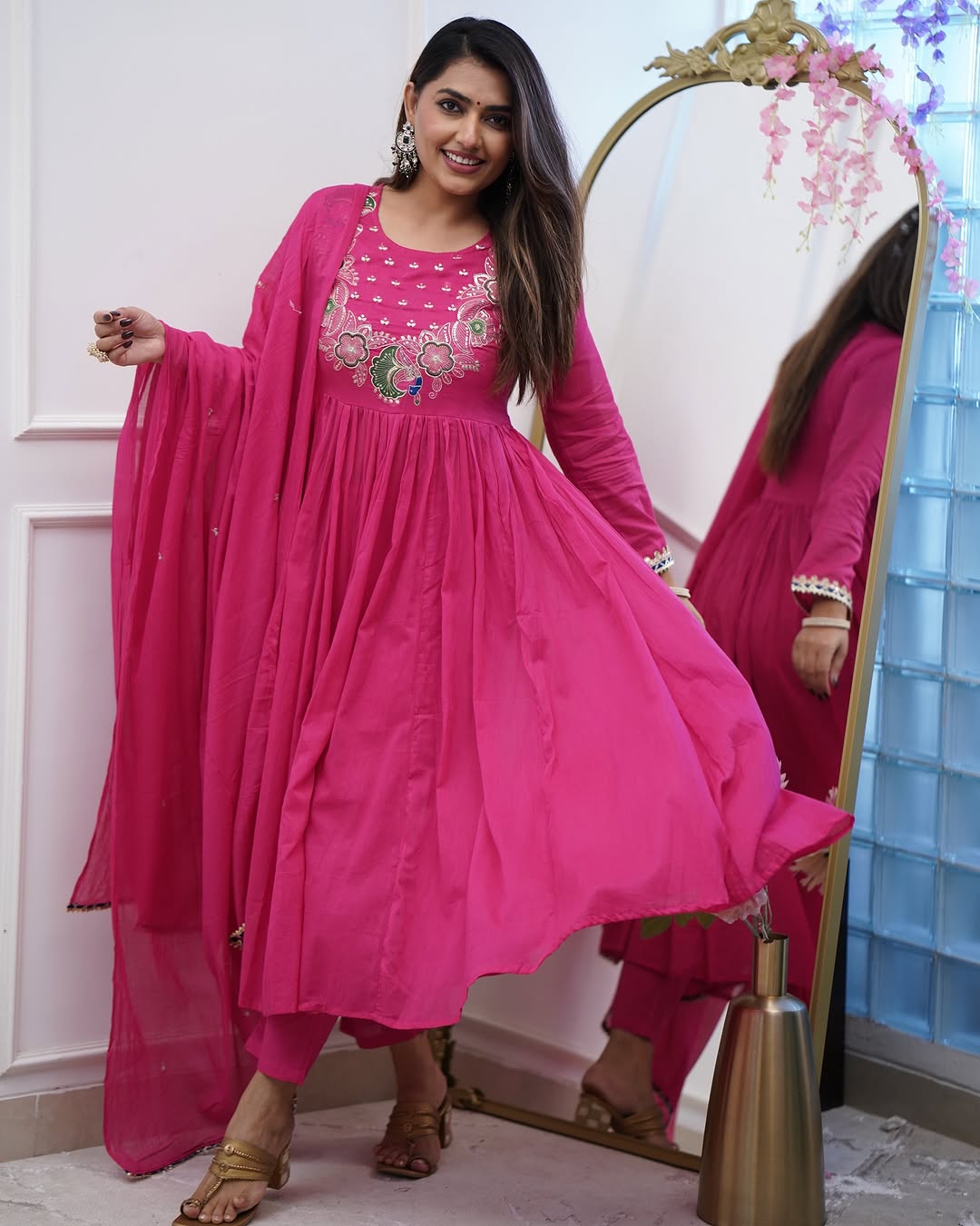 Product Image - Designer Cotton Anarkali Suit Set with Embroidered Dupatta - Festive & Wedding Wear