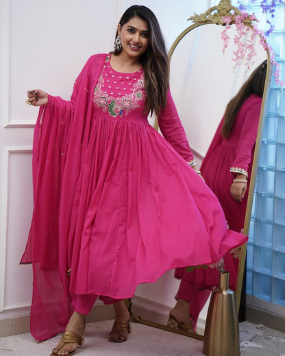Product Image - Designer Cotton Anarkali Suit Set with Embroidered Dupatta - Festive & Wedding Wear