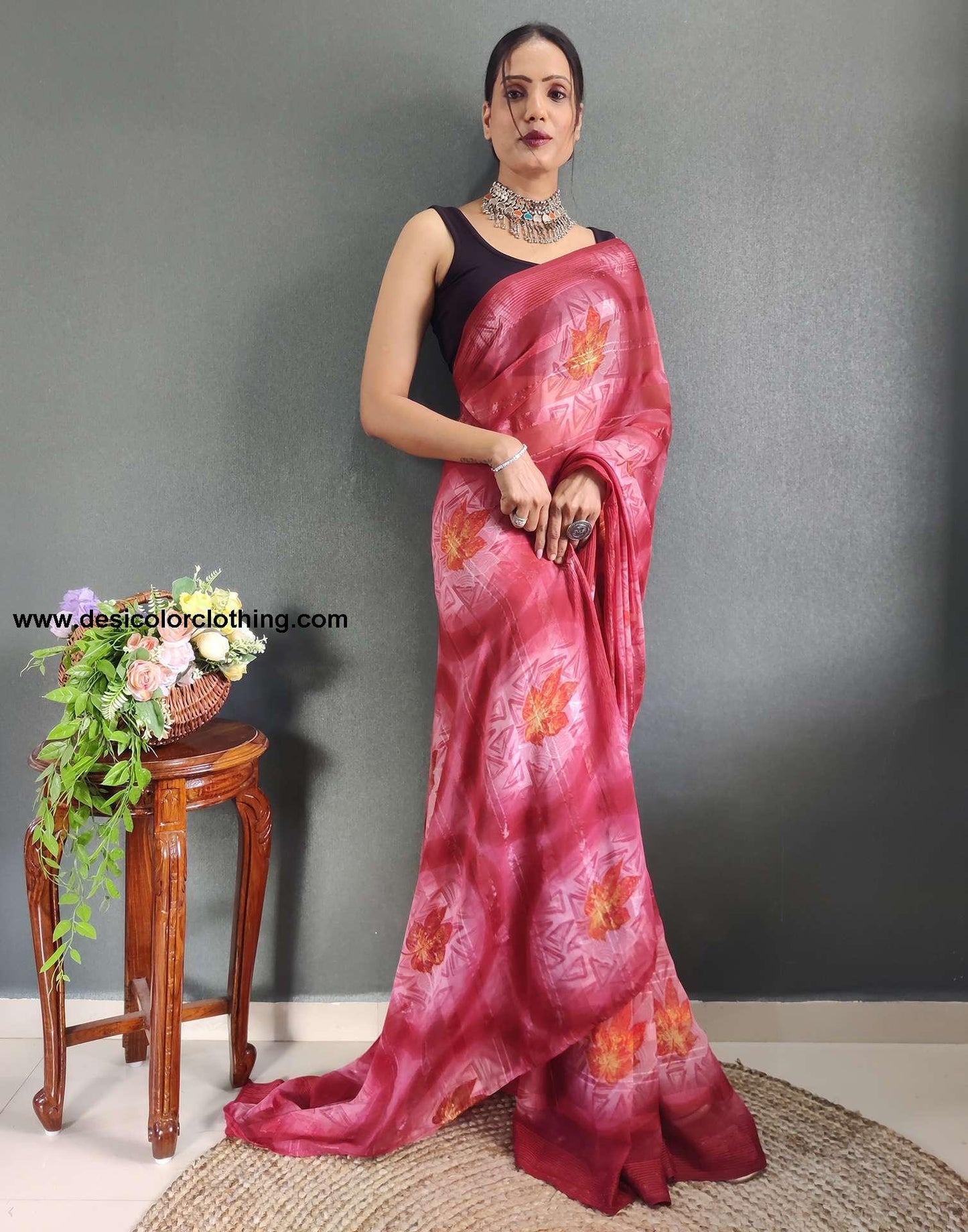 Peach Printed Georgette Pre-draped Saree
