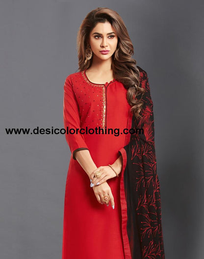 Red  Cotton Embroidered Unstitched Salwar Suit
