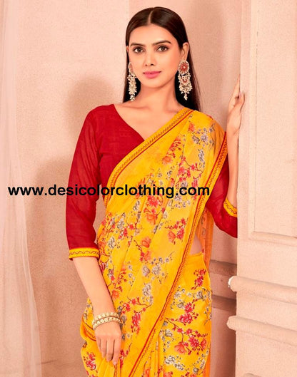 Yellow Chiffon Printed Saree