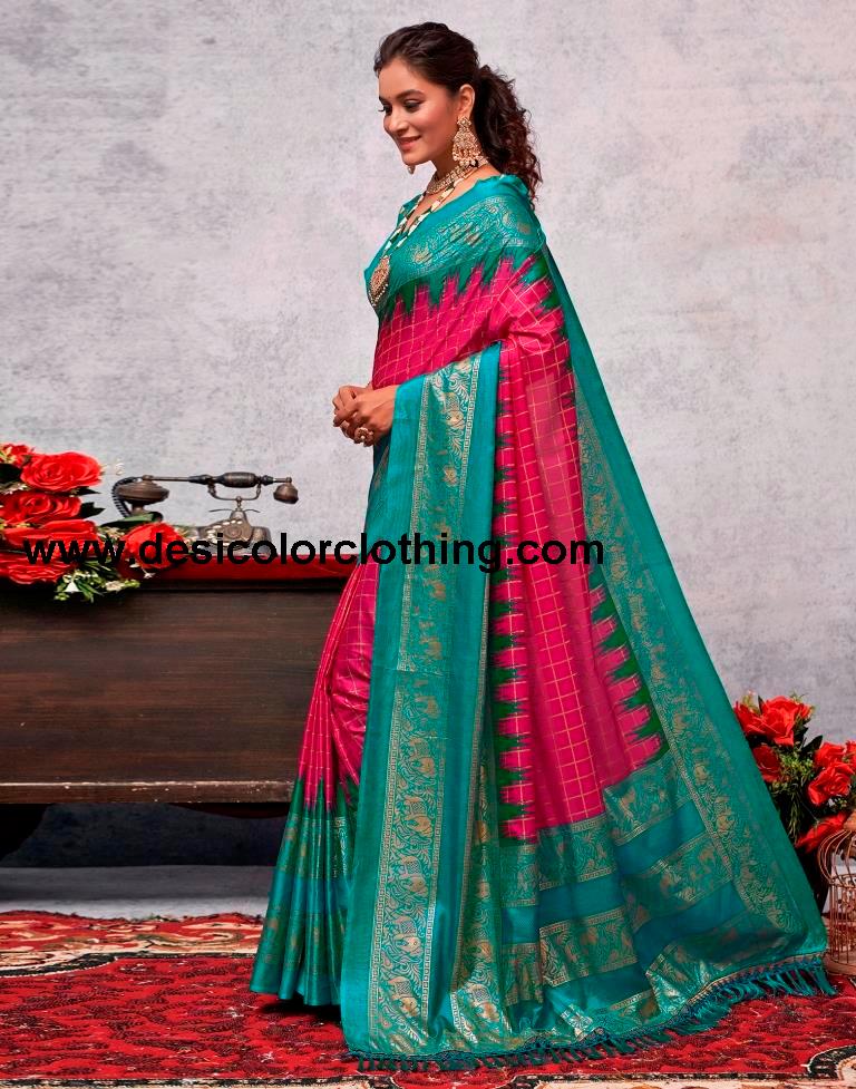 Teal Blue Silk Printed Saree