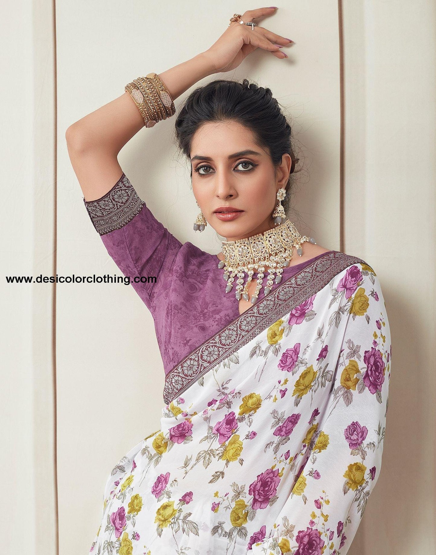 White Printed Georgette Saree
