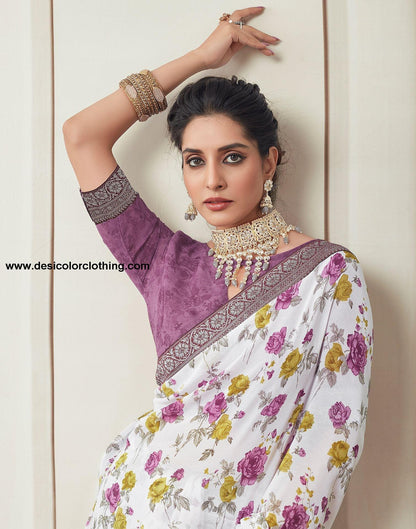 White Printed Georgette Saree
